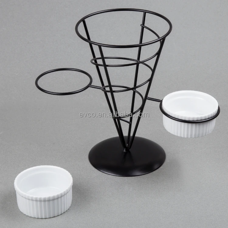 Wrought Iron French Fries Cone Holder Set in Black Powder Coated Surface with 2 Ceramic Ramekins