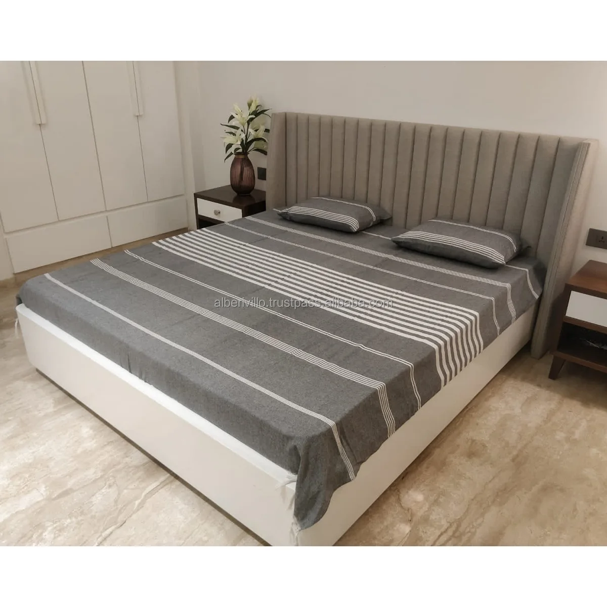 Indian Wholesale Fouta Stripe Grey Bedsheets Washable 100% Cotton Bedsheets and Coverlets Handloom Bedsheets