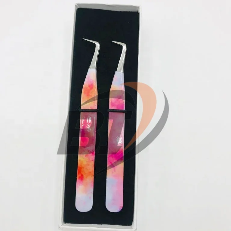 90 Degree Slim Boot Custom Design Paper Coated Stainless Steel Private Logo Hand Tested Volume Eyelash Tweezers
