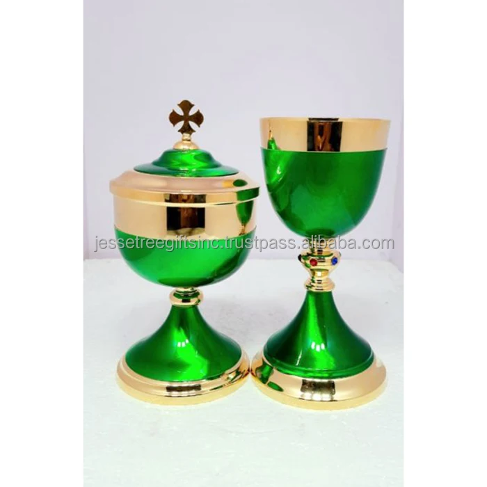 Brass Church Ciborium With Shiny Polish & Yellow Enamel Finishing Round Shape Genuine Quality Cross Inlay On Lid For Drinking