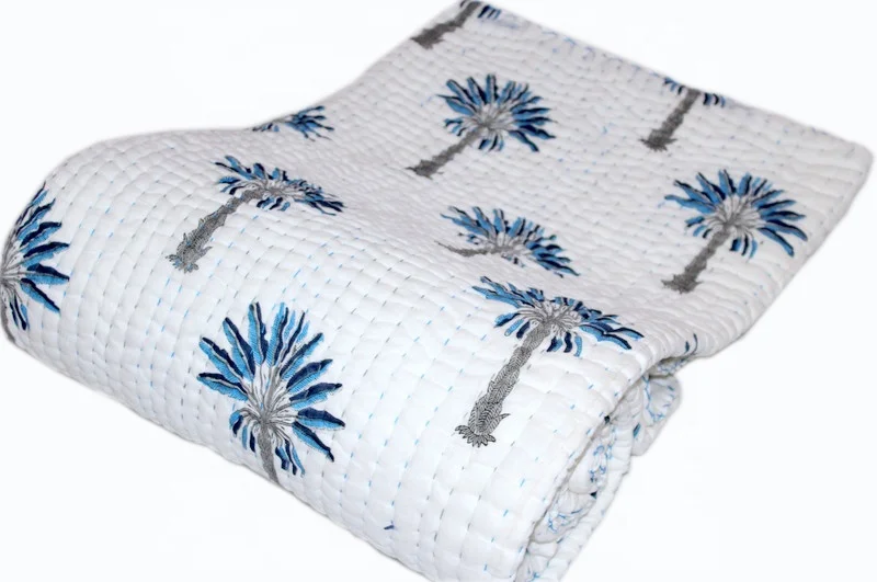 Hand Block Luxury Collection Of Blue Palm Tree Printed Kantha Quilt 3 Layered Queen Size Quilted Wholesale