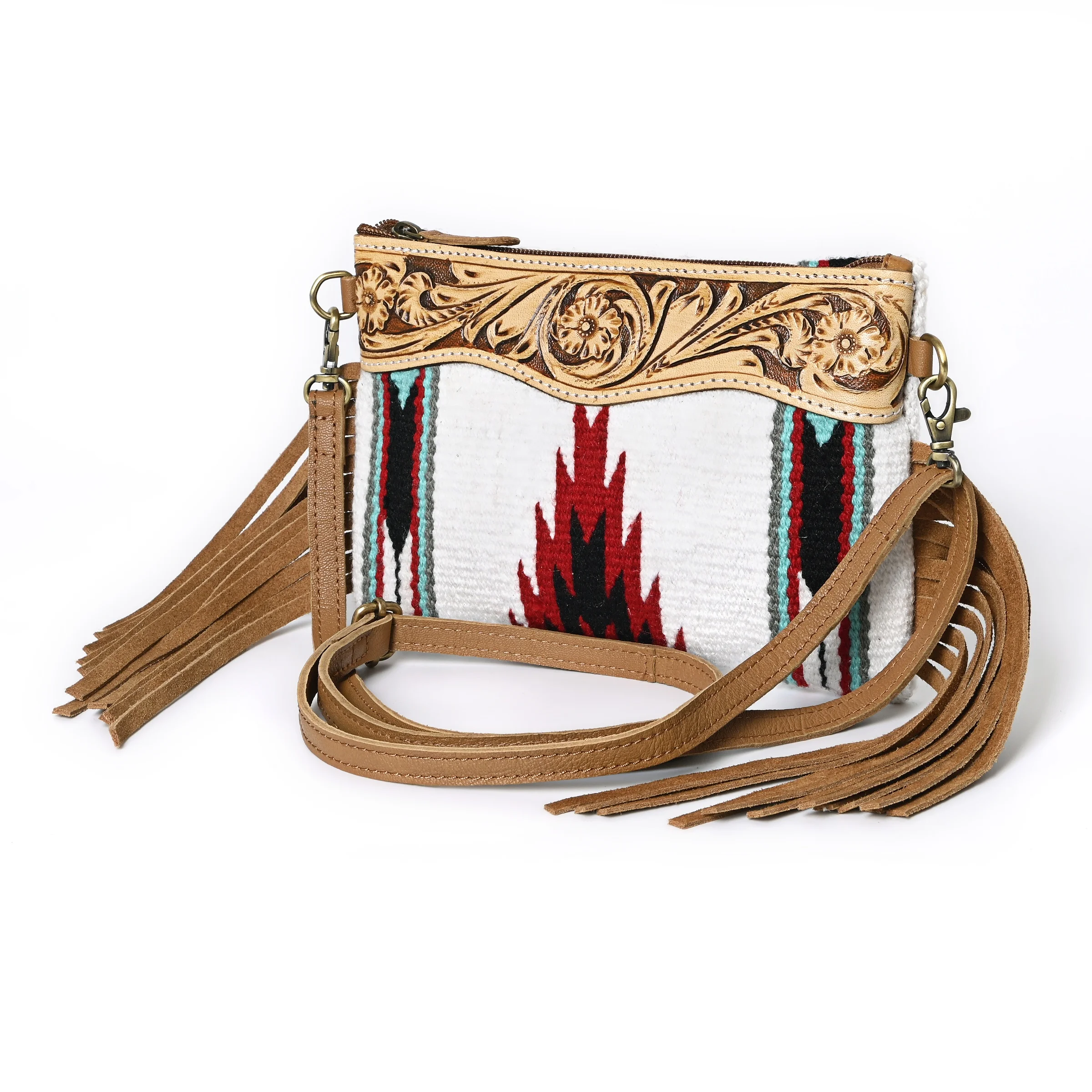 Small Crossbody Bag Made of Woolen Saddle Blanket Tooled Leather Cowhide Patch on Top With Cow Suede Fringes Matching Handle