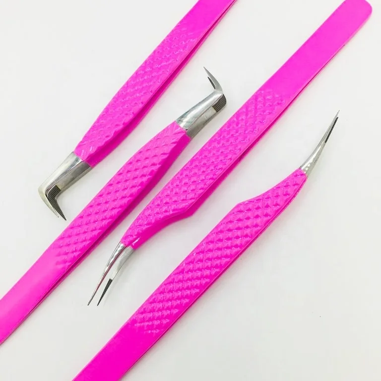 Eyelash Extension Tweezers Fiber Tip With Laser Marking Logo Pink Powder Coating Tweezers Eyelash Stainless Steel Tweezers