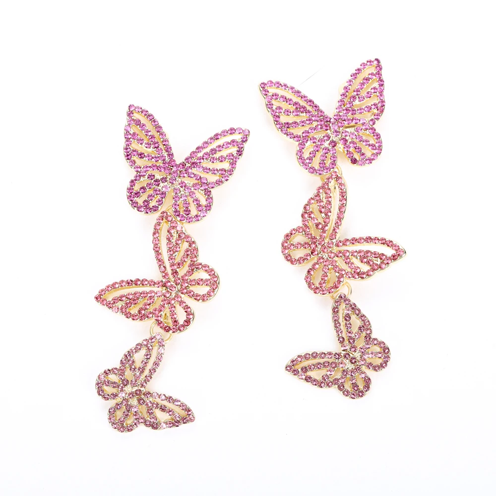 trendy fashion stainless steel with zircon pink triple butterfly heart star starfish drop dangle earrings for women girls