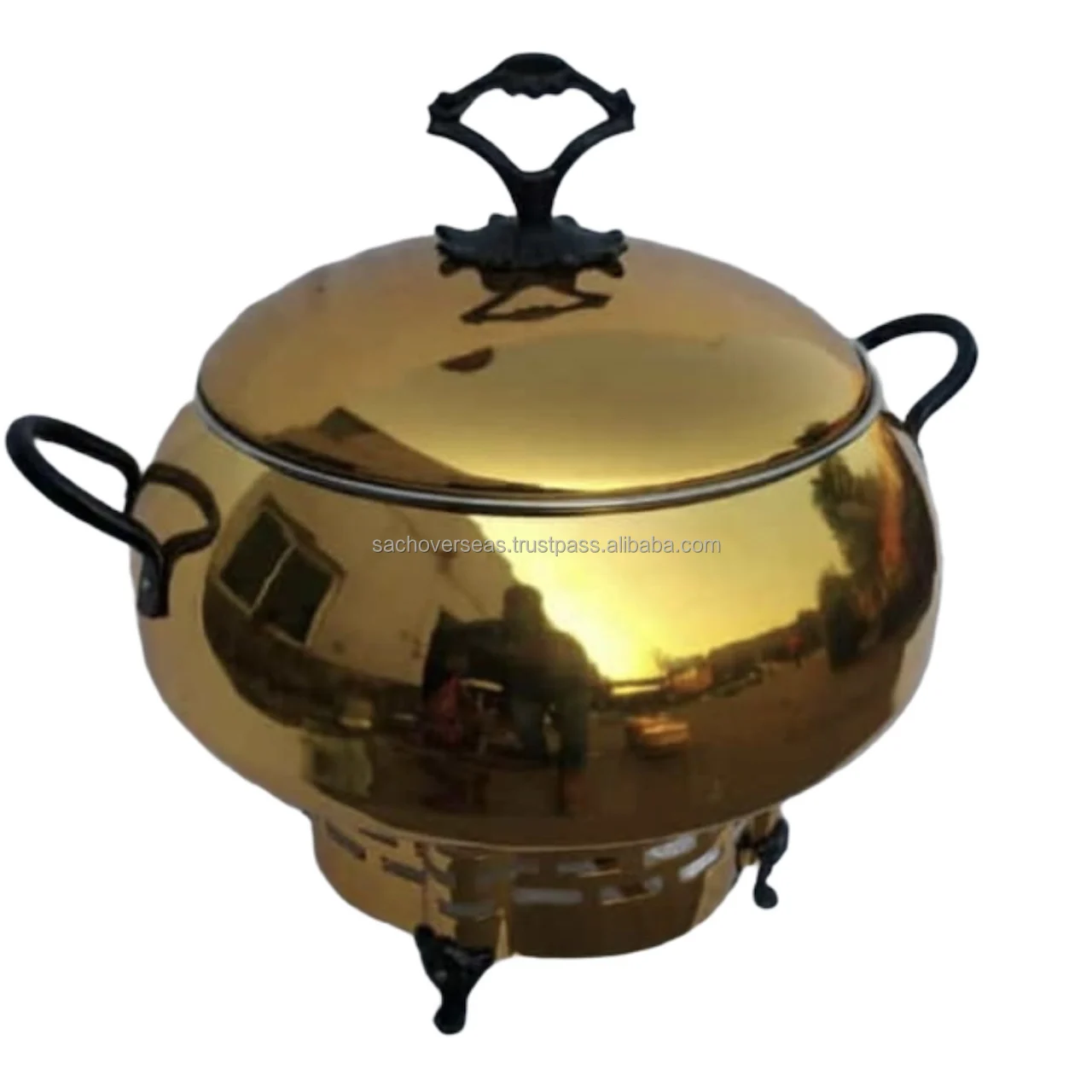 Traditional Spherical Shaped Floral Carving Design Metal Chafing Dish with Brass Designer Handle For Buffet Hot Food Warmer