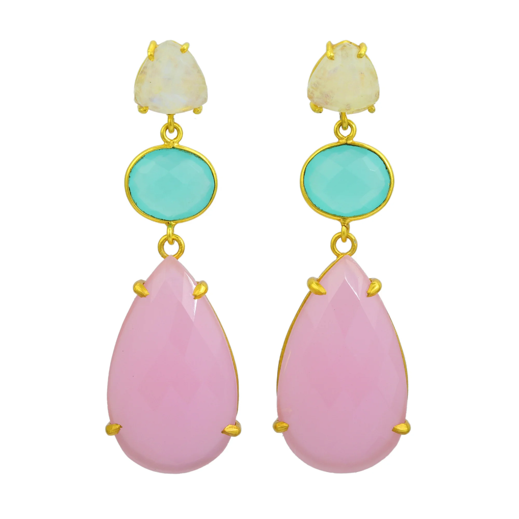 Hot Natural White Rainbow and Aqua Chalcedony and Cute Pink Rose Multi Stone And Multi Size Earring