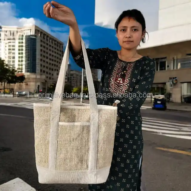 2024 Trendy Eco-Friendly Large Size Hemp Tote Bag for Women Custom Logo Cotton Lining with National Bohemian Style Laptop Pocket