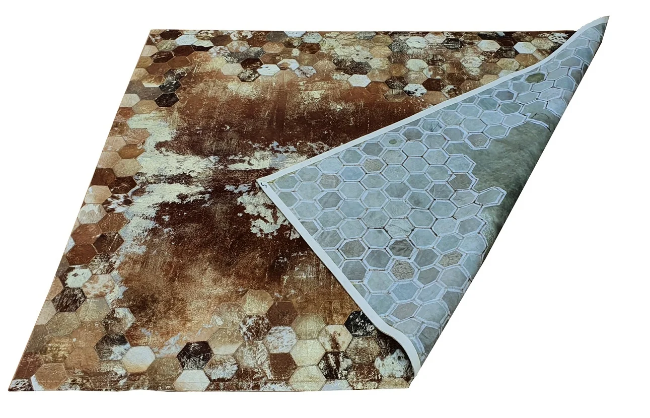 Acid washed cowhide  hairon area rug with foil Beehive design Patchwork cowhide gold devore rug and Handmade Carpets