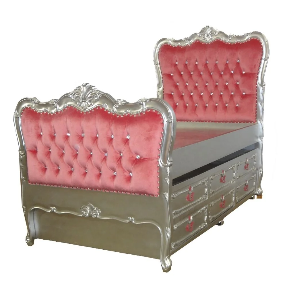 French Style Children Sliding Bed Frame Upholstered Wooden Kids Bed With Drawer and Storage Pink Girl Bed with Trundle for Hotel