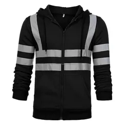 OEM High Visibility Jacket Customized Orange Lined Fleece Sweatshirts Men Work Reflective Safety Hoodie Zippered