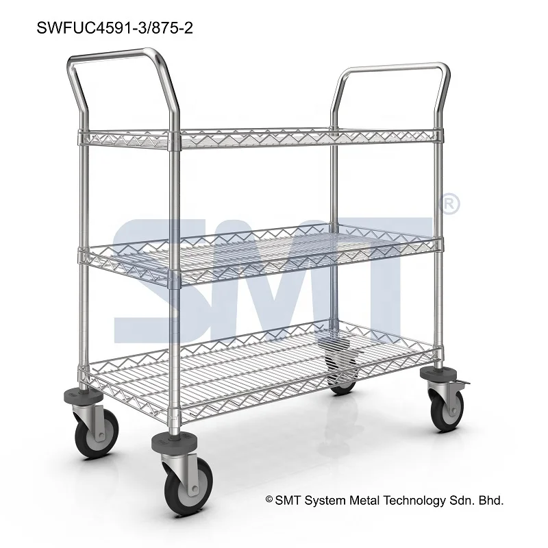 3 Tiers High Quality Cleanroom Mobile utility Storage Cart Stainless Steel SMT Mesh Wire Utility Trolley Cart for Industrial