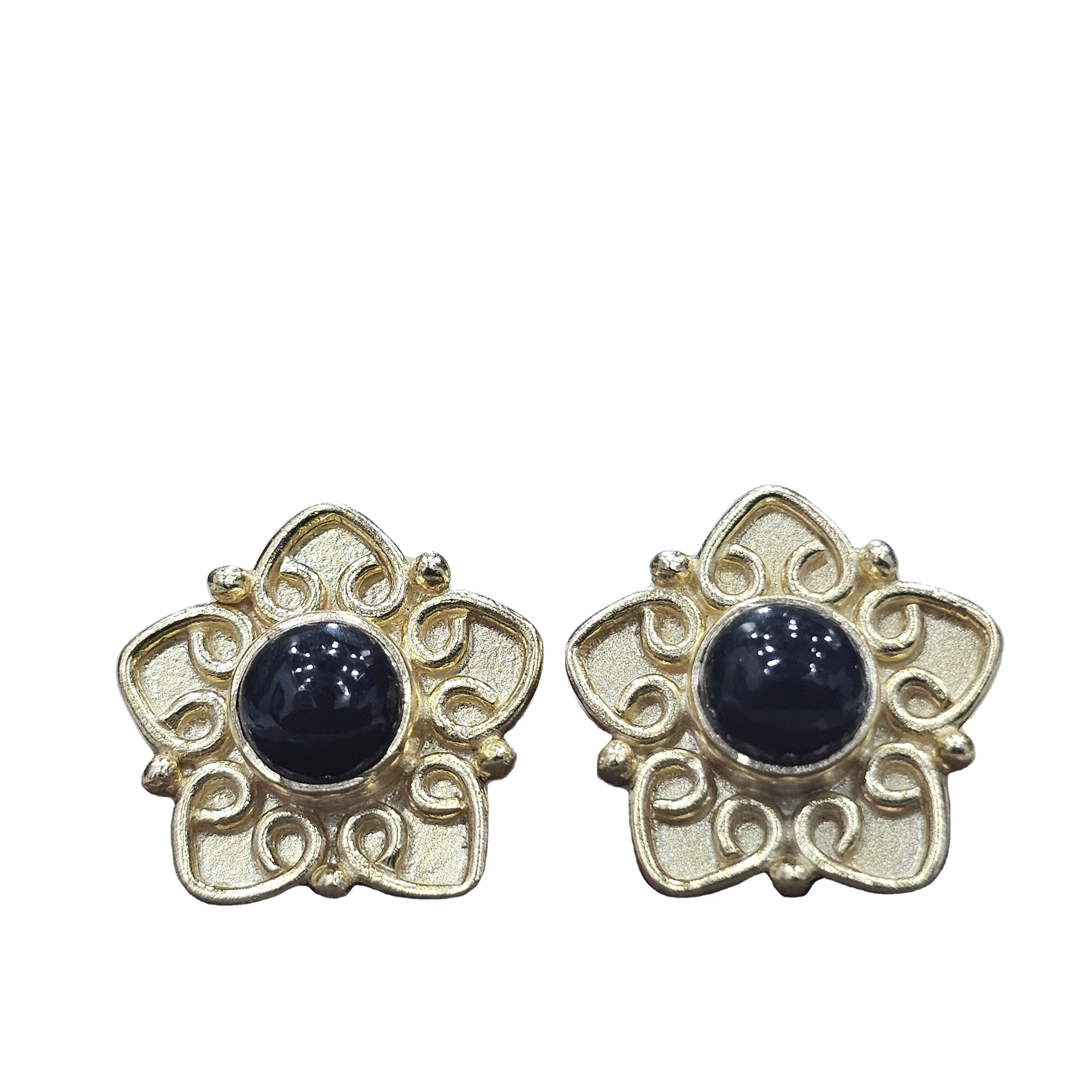 Excellent Quality Gold Plated 925 Sterling Silver Black Onyx Gemstone Designer Handmade Classic Earrings