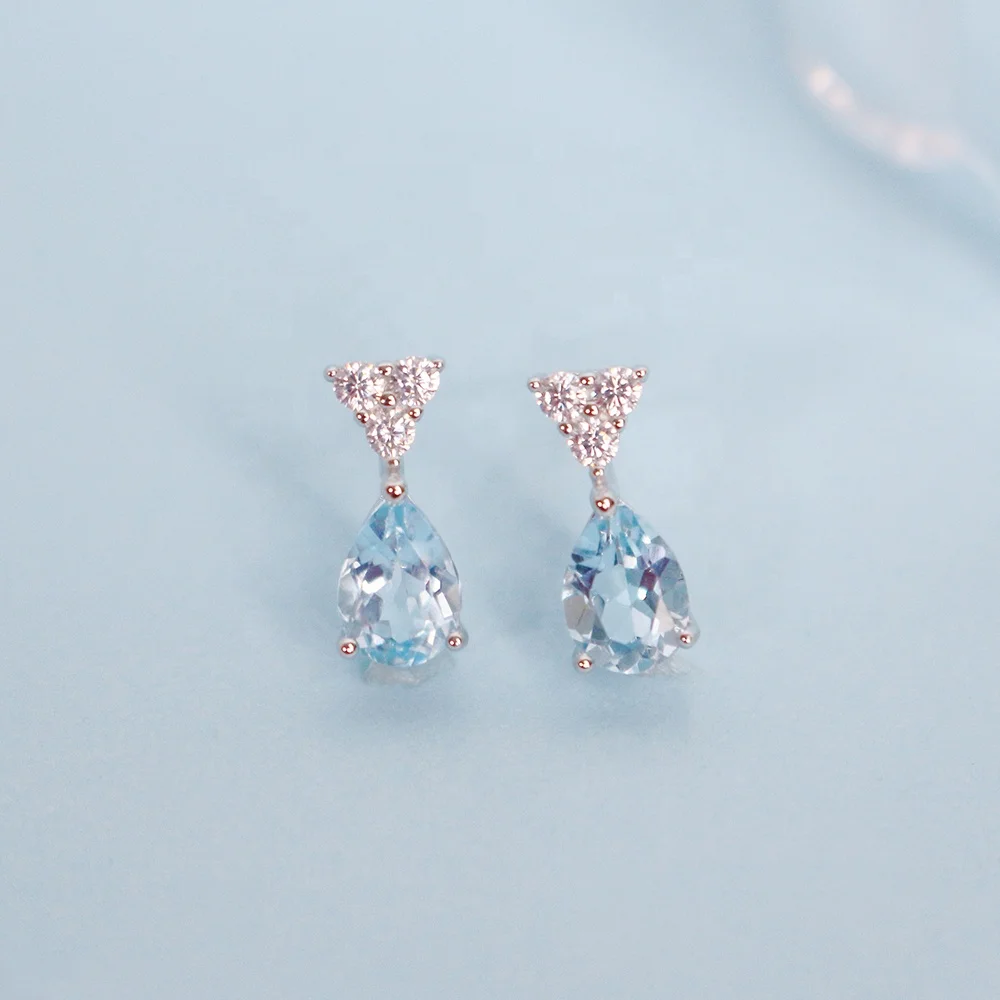 2022 New Natural Gemstone Jewelry 925 Sterling Silver Sky Blue Topaz Water Drop Stud Earrings For Women Destiny Jewellery