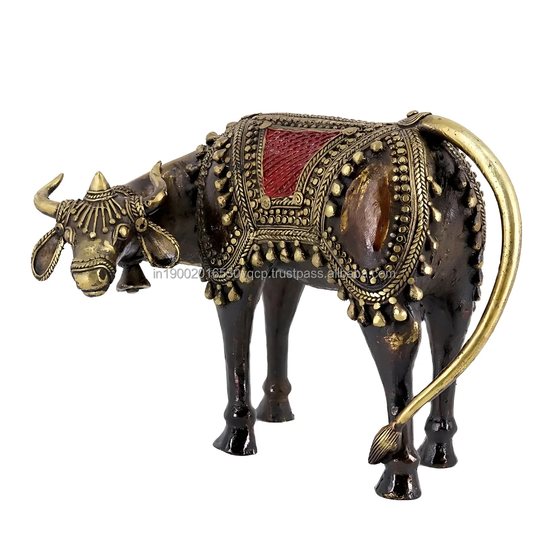 Tribal Pure Brass Goddess Art Cow Grazing Nandi Statue 8.5 x 6.5 Inch Multicolor Handcrafted Metal Cow Statue Home Decoration