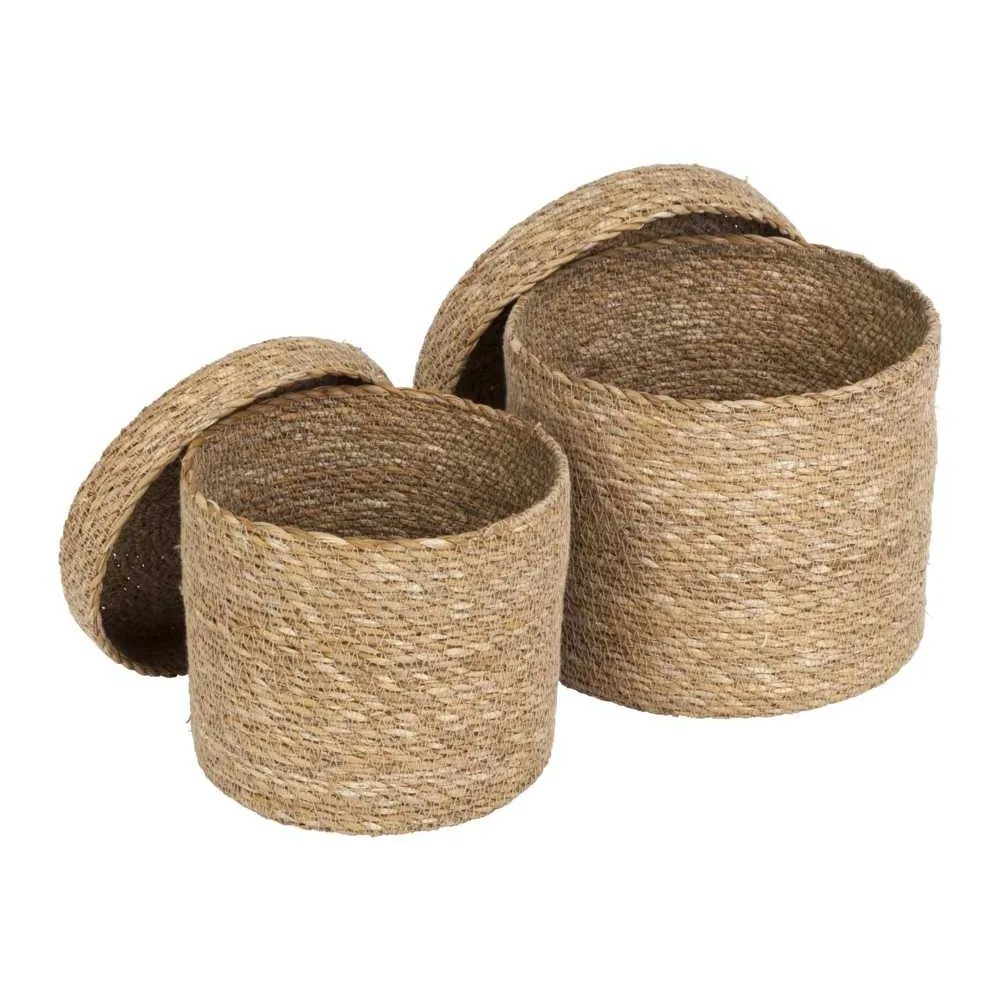 Seagrass Basket with Lid/ Patterned Handwoven Basket with Lid Seagrass Basket Storage 100% Natural material from Viet Nam