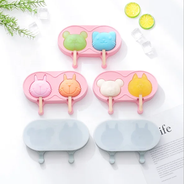 Amazing 2 Cavities Homemade DIY Reusable Silicone Animal Shaped Ice Cream Pop Maker Mold with Lids and Wooden Sticks
