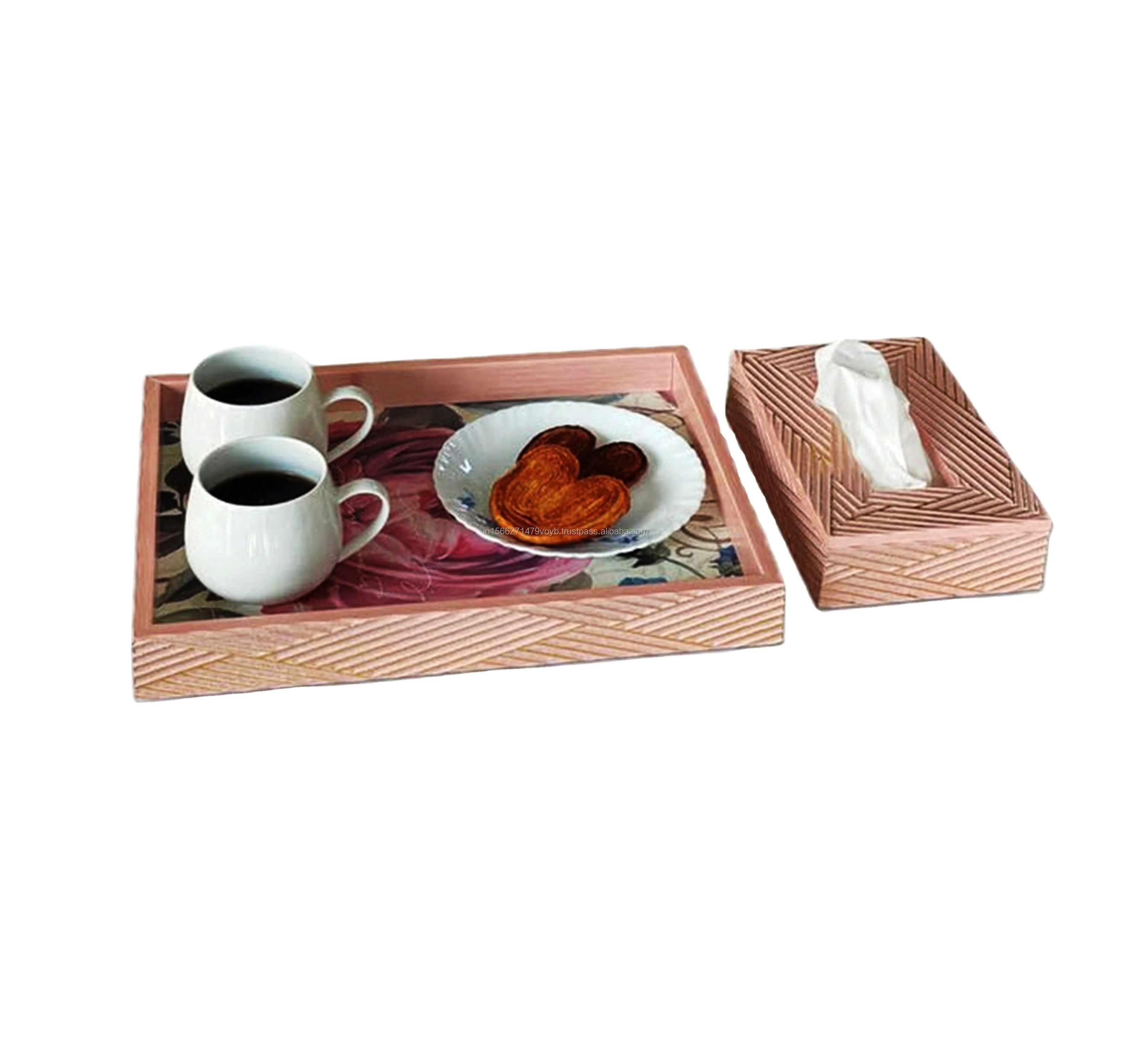 Handcrafted Wooden Serving Tray with Tissue Box Holder Hand Painted Decorative Tray for Home Use Food Serving from India