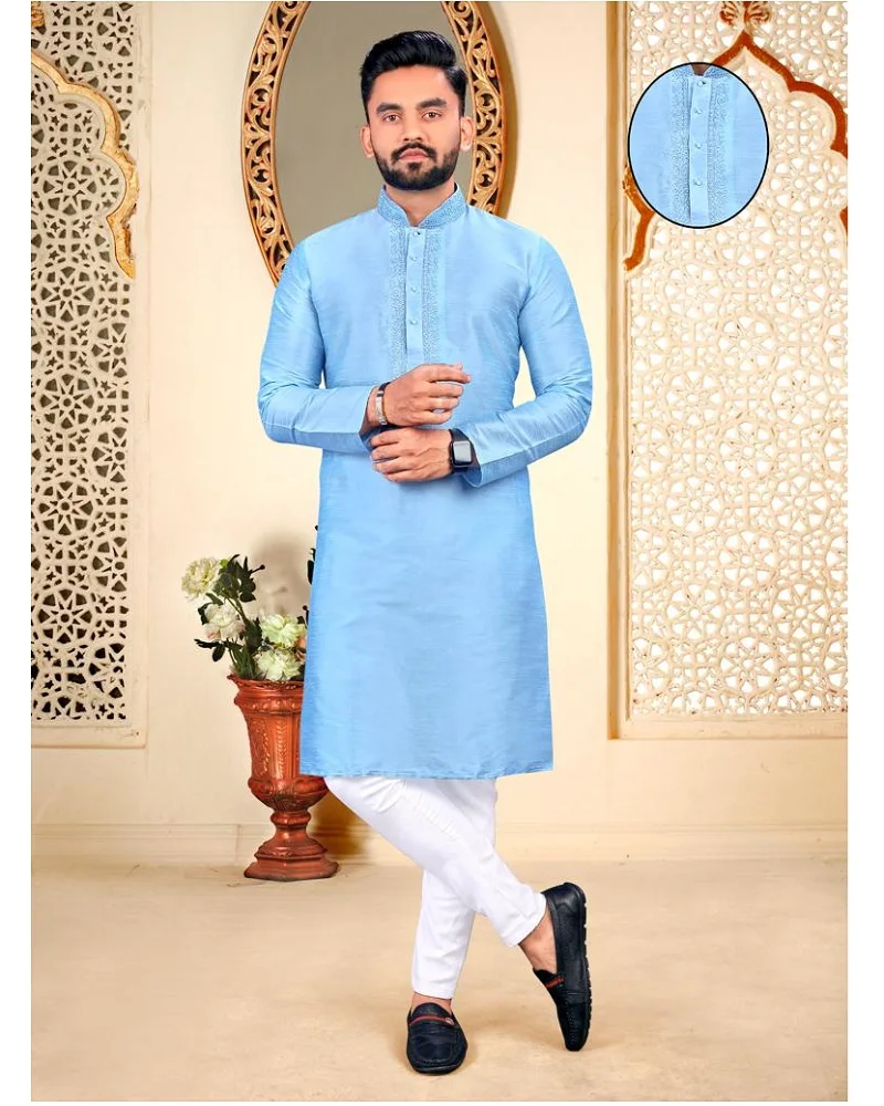 Designer Latest Kurta Round Neck Collar Embroidery work Mens Kurta Pajama Set Wholesale Cheap Rate Surat