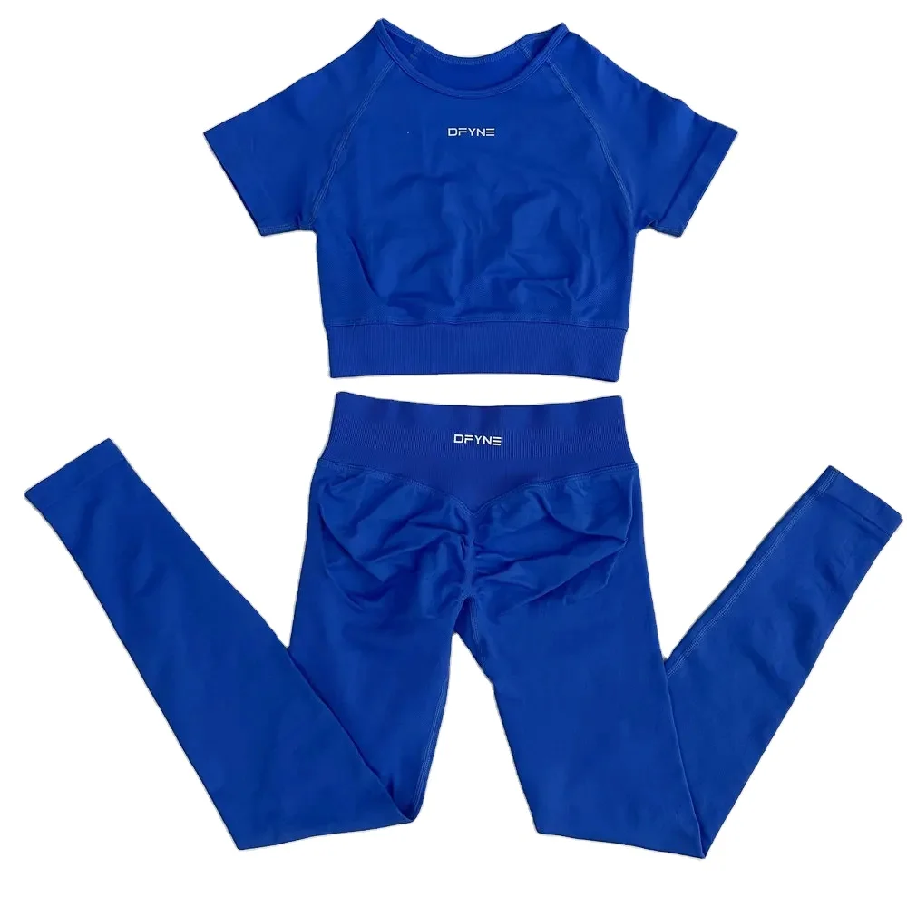 2 Pieces Yoga Set Women Workout Short Sleeve Crop Tops Sport Scrunch Bum Leggings Fitness Pants Tights Gym Suit