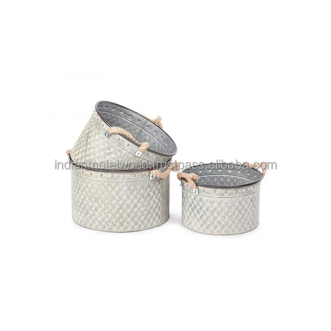 Iron flower buckets with rope handles manufacturers of modern garden planters in galvanized metal hand painted