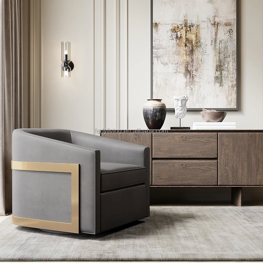 FERLY High-quality Sofa Set Living Room Furniture Solid Wood Frame Metal Wooden Base Leather Single Chair