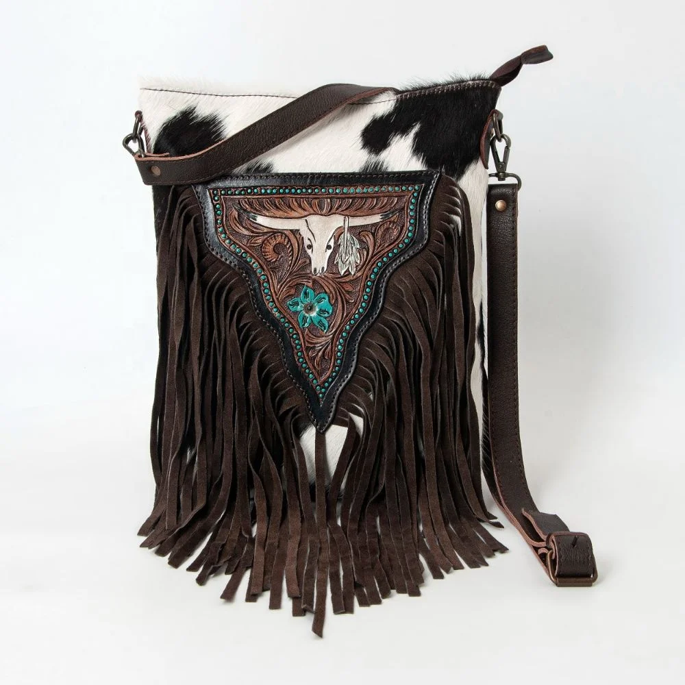 Long Horn Bull Face Design Tooling and Hand Carving Leather Crossbody Side Bag for Cogirls with Concealed Carry Pockets