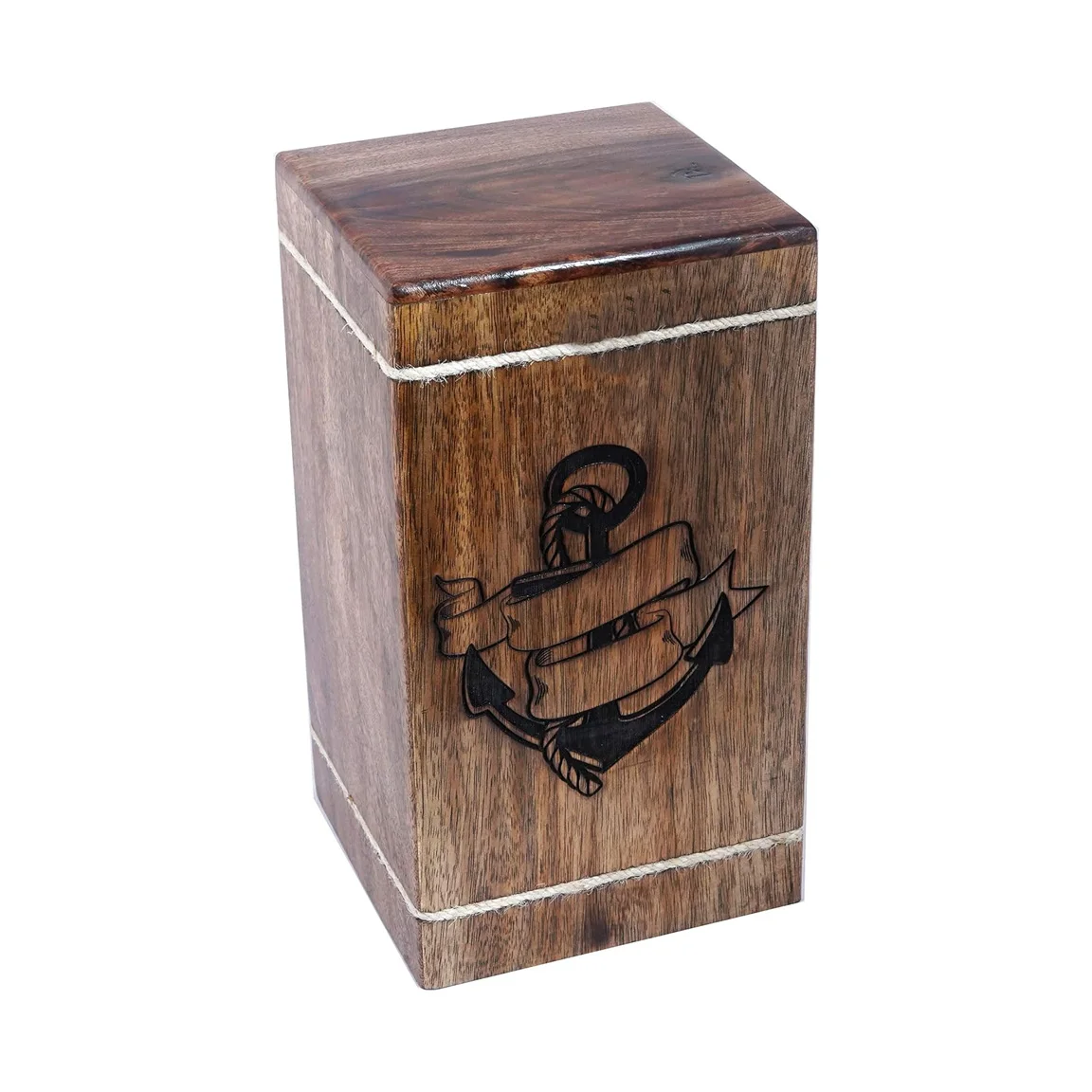 Factory Buy Anchor Design Mango Wood Funeral Cremation Urn with Slide Lid for Human Ashes Wooden Urns for Pets Memorial Gifts