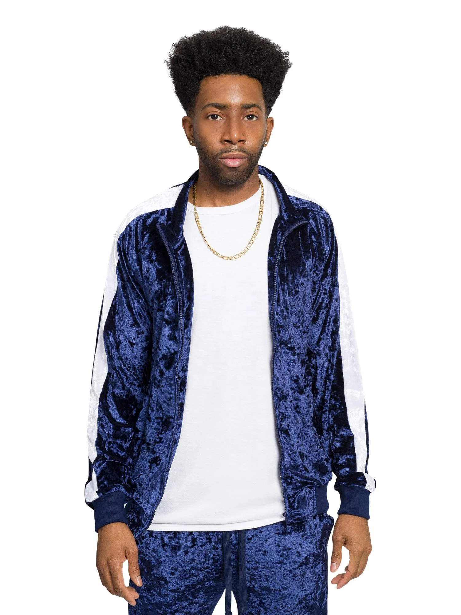 Новый трендовый стильный мужской бархатный костюм в стиле ретро с застежкой-молнией и боковыми полосками приталенный Велюровый из 2 предметов молнией спереди