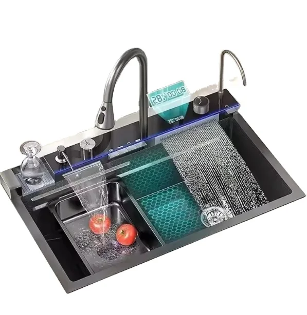 Черный водопад Горячая и холодная вода столешница для хранения посуды сушилка смеситель нано кухонная раковина из нержавеющей стали современный OEM