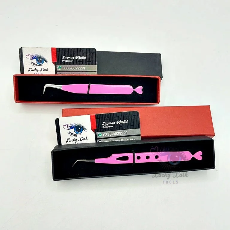 Powder Coating Pink Color Heart Shape Tail Eyelash Extension Tweezers Solid Stainless Steel false Eyelashes Customized Label