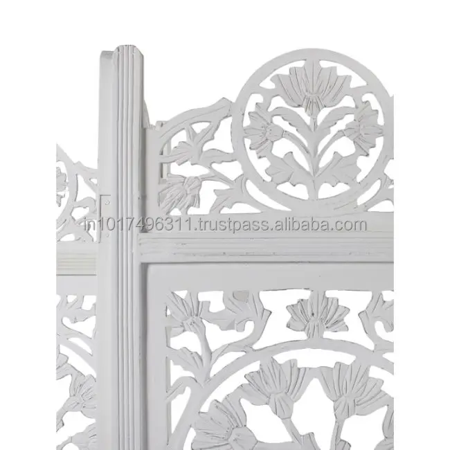 Handcrafted 4 Panel Wooden Room Partition & Divider ( White) Solid Wood Decorative Screen (Free Standing)