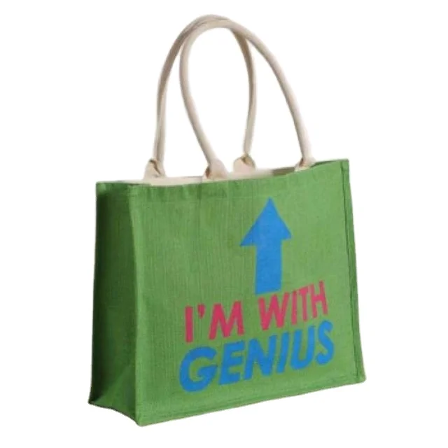 Green color Jute Bags With Rope Handle shopping Kitchen Bag Things Printed Lunch Large size customized logo