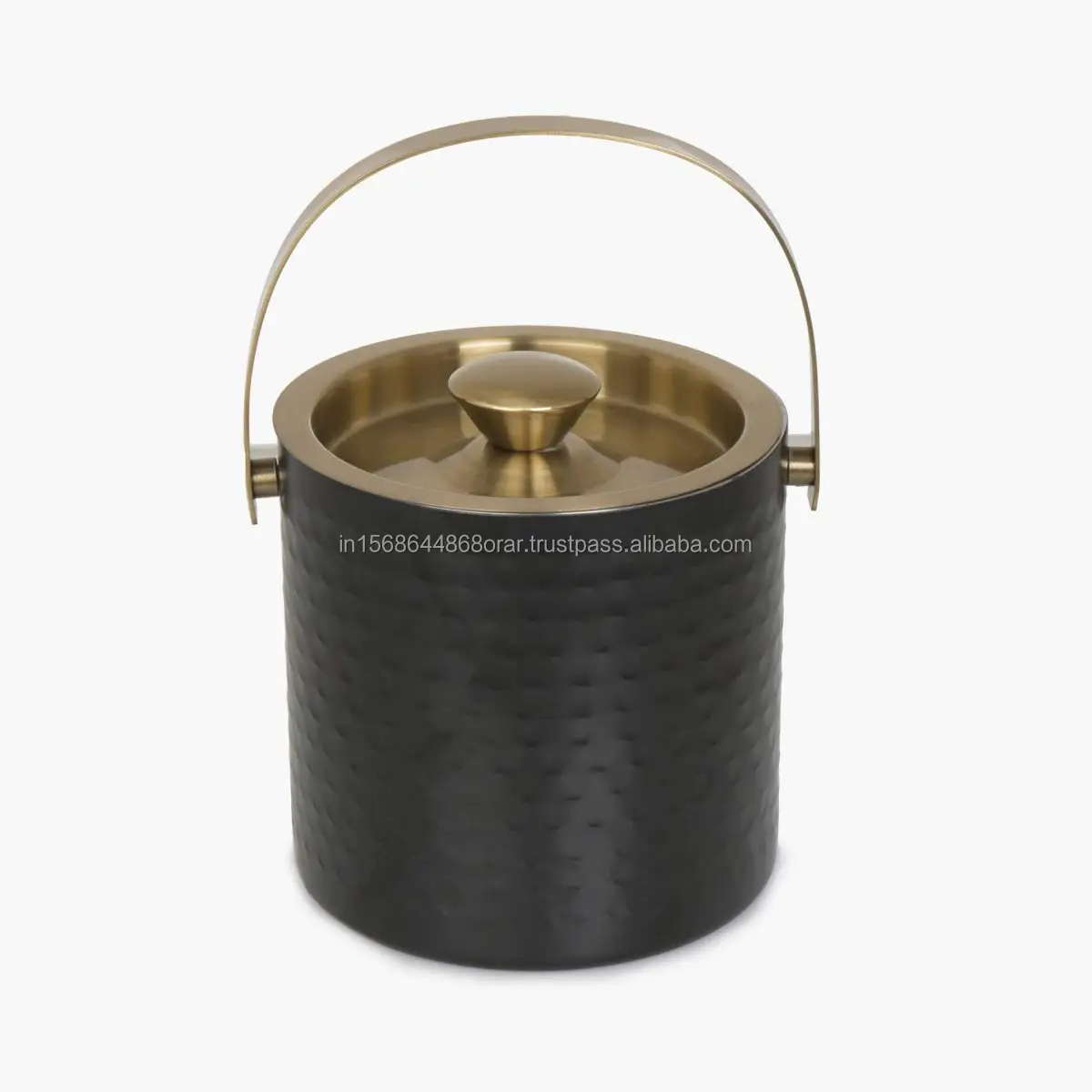 Luxury 1.5 Litre Double Wall Stainless Steel Ice Bucket Hammered Design in Black/Gold for Cocktails & Beverages