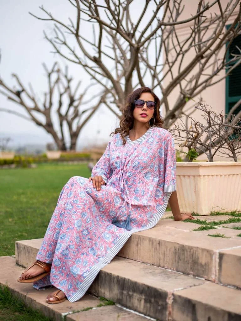 Удивительная Новая Летняя коллекция розовый хлопковый кафтан с ручным принтом женская ночная одежда платье Довольно удобное для уютных ночей