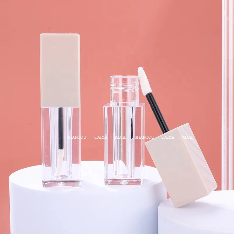 CAIYA 4ml luxury clear frost square rose gold pink lip gloss tubes with wands with stopper custom label lipstick container