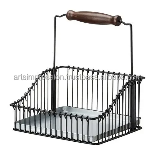 fancy wooden border iron metal wire basket Black Color Standard Size Storage Basket And Wire Basket For Kitchen Storage items