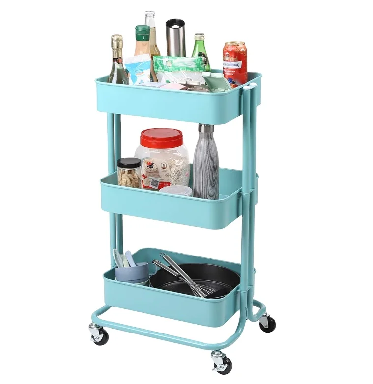 3-tier Rolling Utility Cart Storage Shelves Multifunction Storage Trolley Service Cart Metal Iron Customized Logo SAM with Mesh