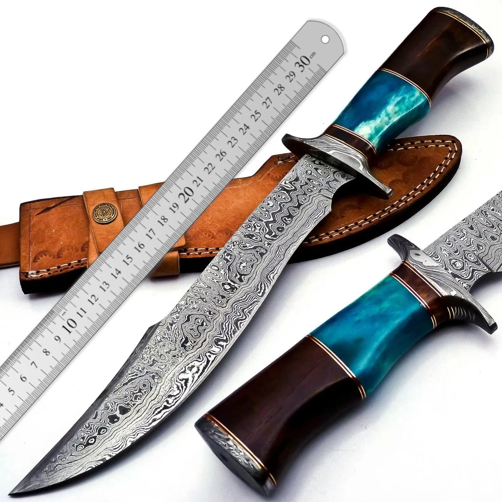 Нож-Боуи ручной работы из дамасской стали с фиксированным лезвием