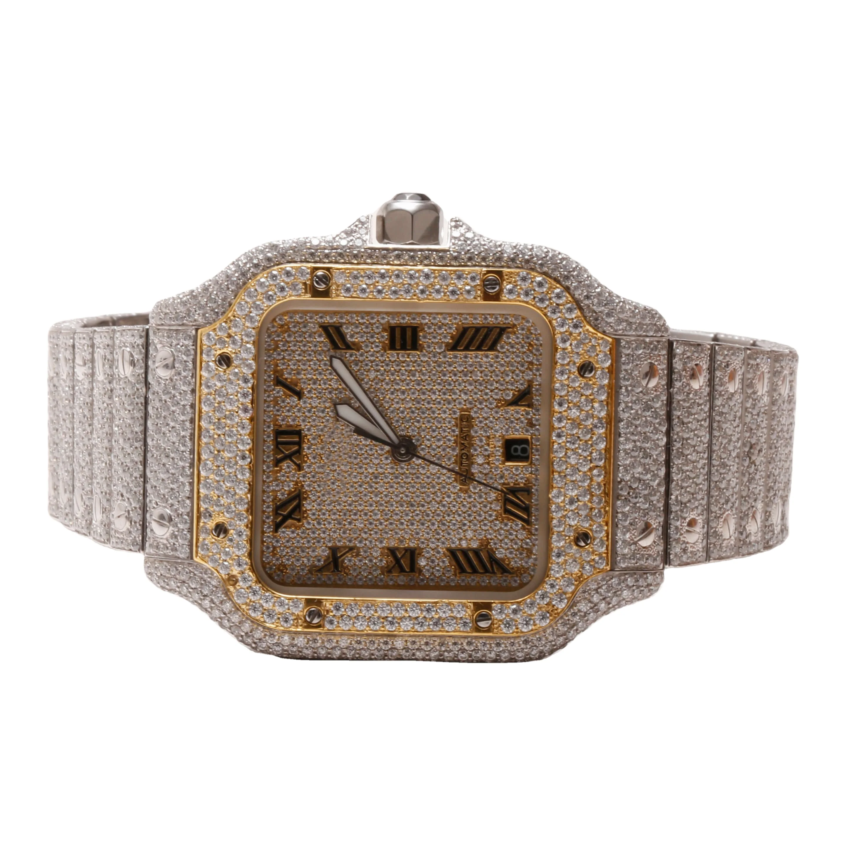 Tester Passed Big Dial Mechanical Belt Iced Out Unisex Bezel Silver Custom Logo with Box Moissanite Bling Diamond Wrist Watch