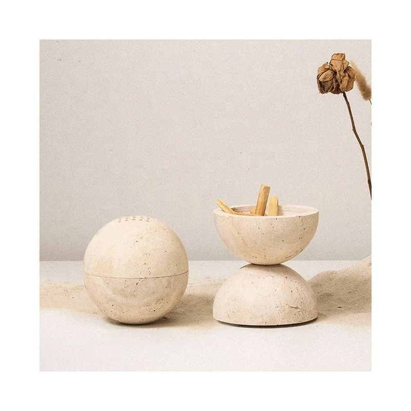 Beige Travertine Incense Holder Marble Incense Burner Home Hotel Decoration Religious Round Ornament
