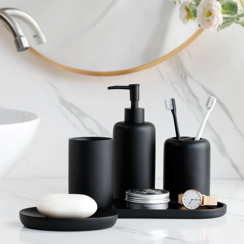 Wholesale Hotel Custom Black Toothpaste Toothbrush Holder Mouthwash Cup Liquid Soap Dish Tray Dispenser Ceramic Bathroom Set