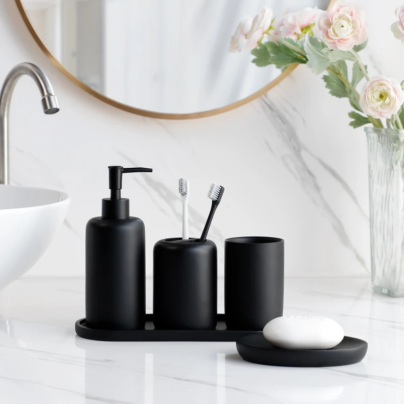 Wholesale Hotel Custom Black Toothpaste Toothbrush Holder Mouthwash Cup Liquid Soap Dish Tray Dispenser Ceramic Bathroom Set