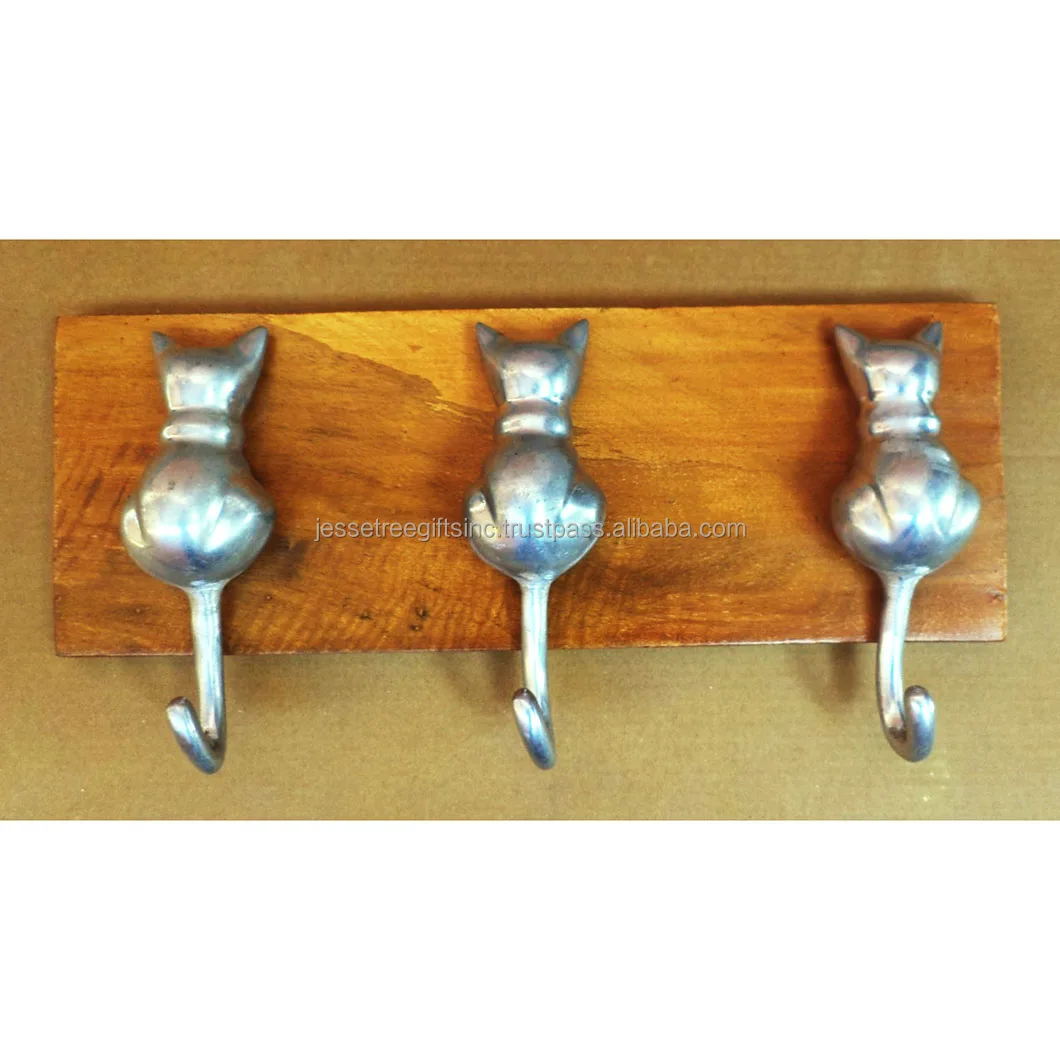 Metal & Wood Wall Mounted Hook With Antique Silver & Natural Wood Polish Finishing Elephants Shape For Organization Set Of Three