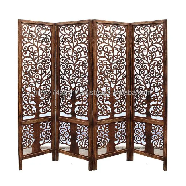 Handcrafted 4 Panel Wooden Room Partition & Room Divider ( Brown) Solid Wood Decorative Screen Partition  (Free Standing)