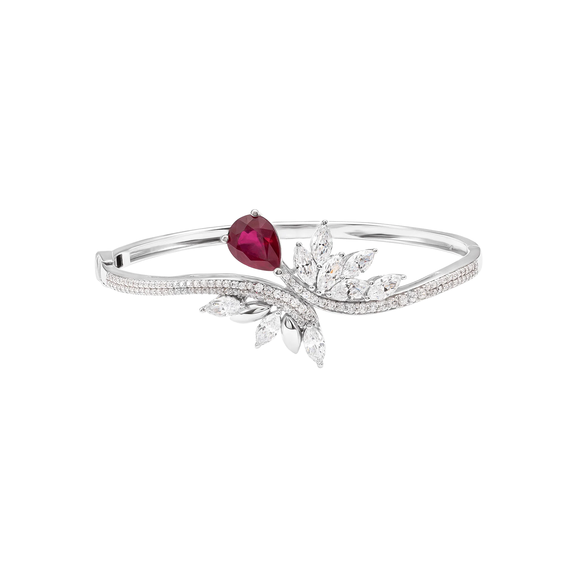 Luxury Jewelry Gemstone 14K Solid White Gold Flower Bangles Bracelet Jewelry Ruby Stone for Women Accessories OEM ODM