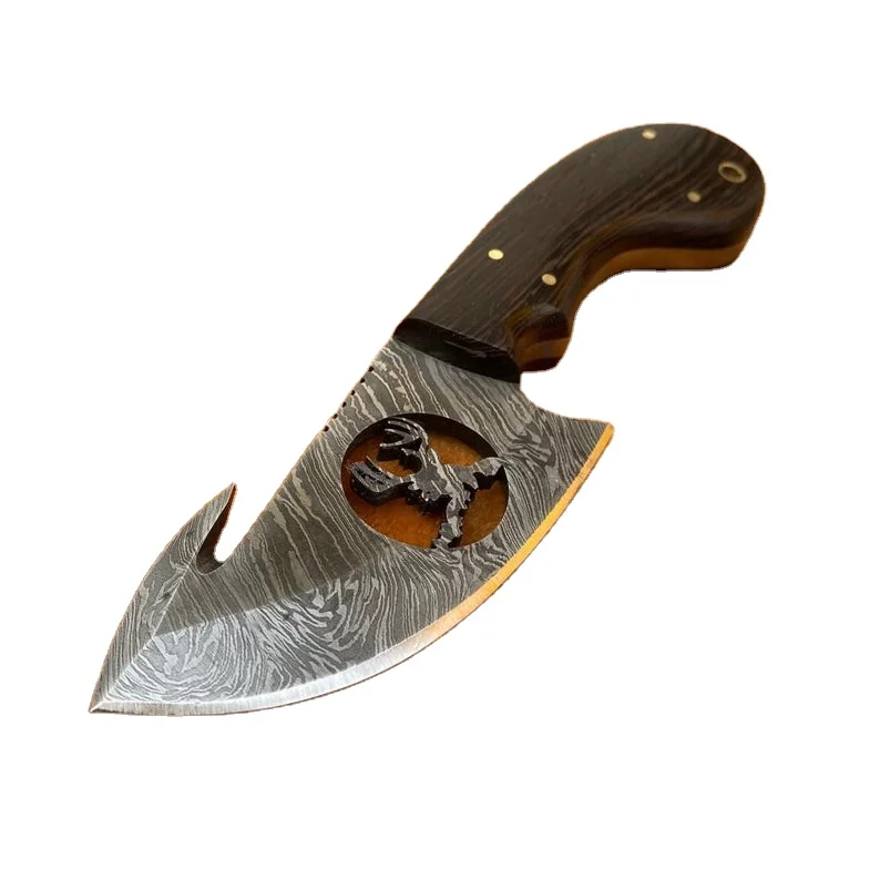
Hot selling Custom Handmade Damascus Gut Hook Elk Skinning Knife With Leather Sheath 