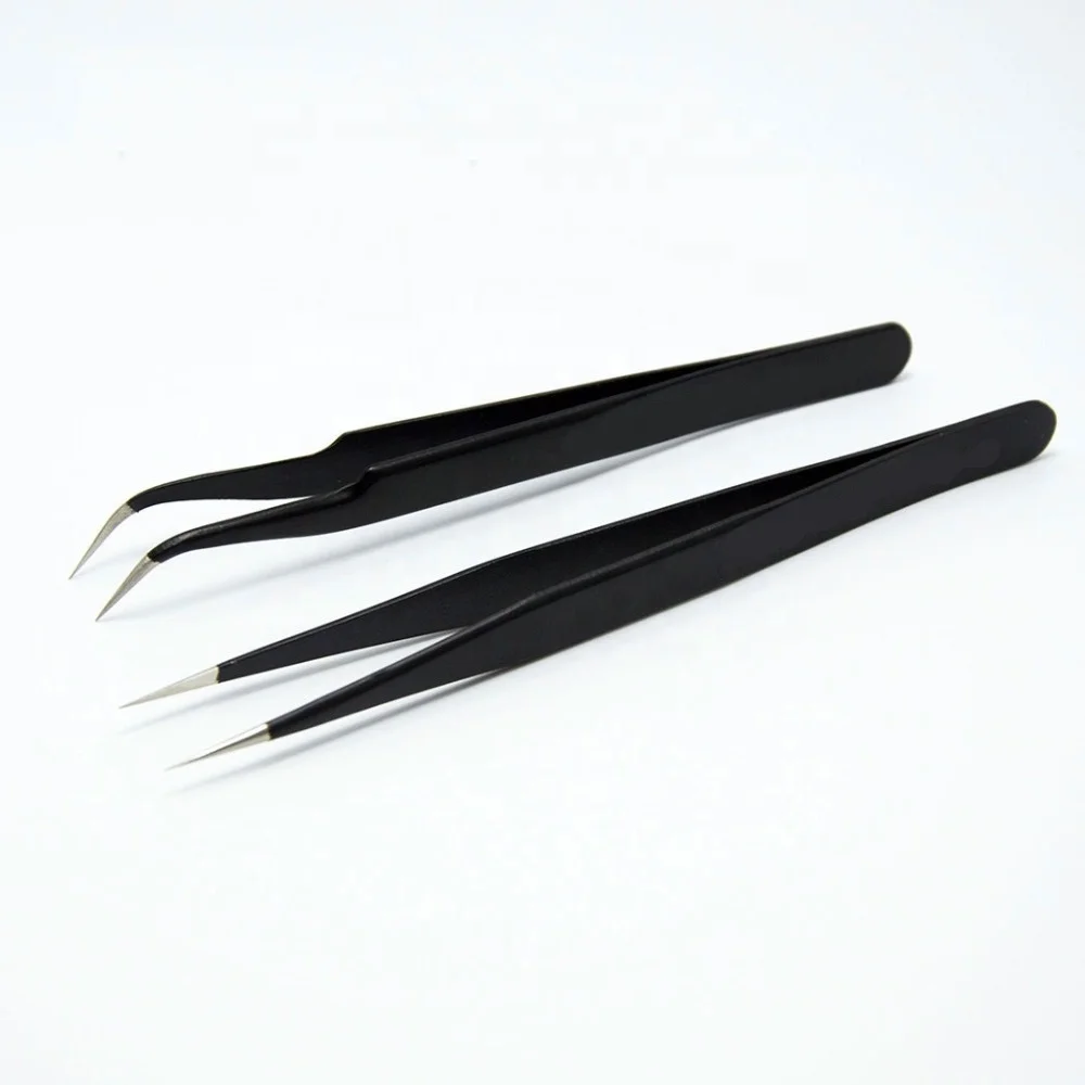 Best Selling Eyelash Extension Tweezers 2pcs Set Straight & Curve Eyebrow Tweezer Custom Branding Black personalized Eyelashes