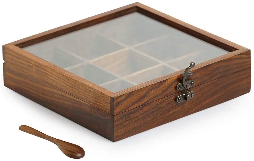 Sale Spice Box With Spoon In Acacia Wood Spice Box For Kitchen Indian Wood Container With Lid Decorative Kitchenware