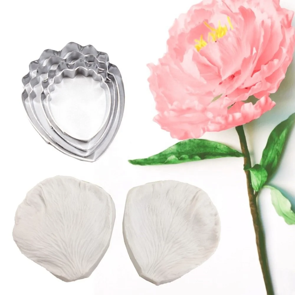 AK Peony Decoration Tool Gum Paste Veiner Stainless Steel Fondant Cutter Set Silicone Veining Mold Sugarpaste Making Tool