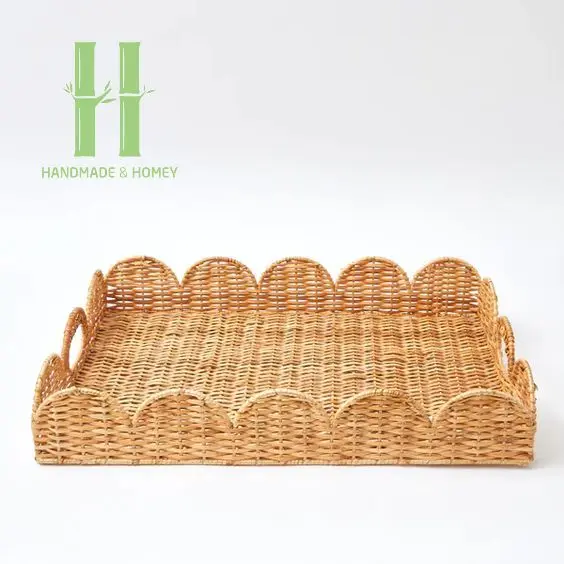 Best Seller Scallop Rattan Tray Eco Friendly Serving Tray OEM Rattan Scallop Basket Rattan Charger Plates from Vietnam Factory